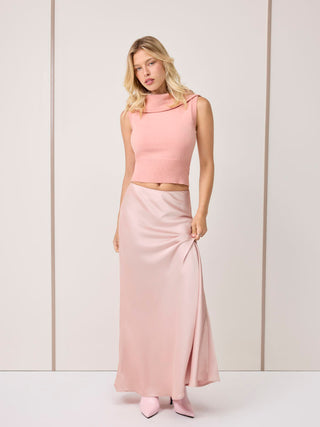 Satin Mid Rise Ruffle Maxi Skirt