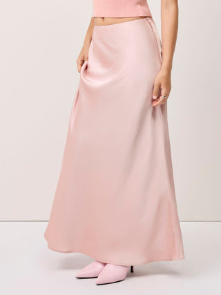 Satin Mid Rise Ruffle Maxi Skirt