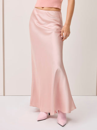 Satin Mid Rise Ruffle Maxi Skirt