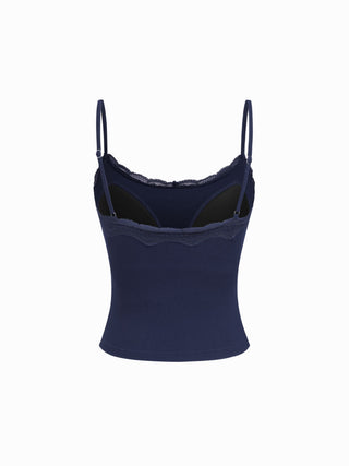 Built-in Bra Square Neck Lace Trim Cami Top & Mid Rise Straight Leg Trousers Loungewear Set