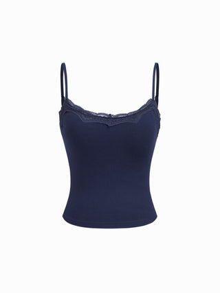 Built-in Bra Square Neck Lace Trim Cami Top & Mid Rise Straight Leg Trousers Loungewear Set