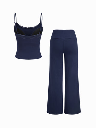 Built-in Bra Square Neck Lace Trim Cami Top & Mid Rise Straight Leg Trousers Loungewear Set