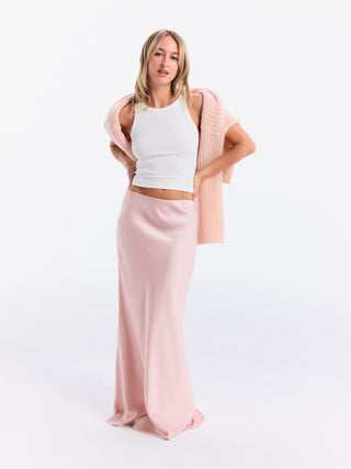 Satin Mid Rise Ruffle Maxi Skirt