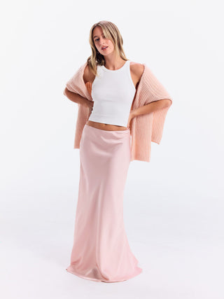 Satin Mid Rise Ruffle Maxi Skirt
