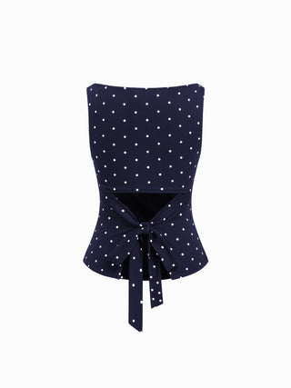 Cotton-blend Boat Neck Knotted Polka Dot Ruched Tank Top