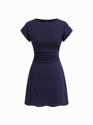 Cotton-blend Round Neckline Ruched Mini Dress