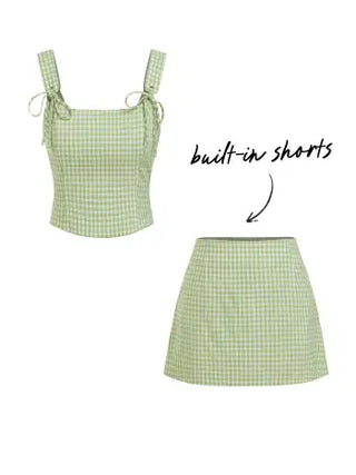 Valentine Woven U-neckline Gingham Bowknot Crop Tank Top & Low Rise Mini Skirt Set For Date
