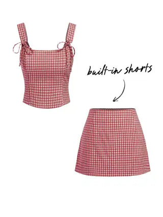 Valentine Woven U-neckline Gingham Bowknot Crop Tank Top & Low Rise Mini Skirt Set For Date