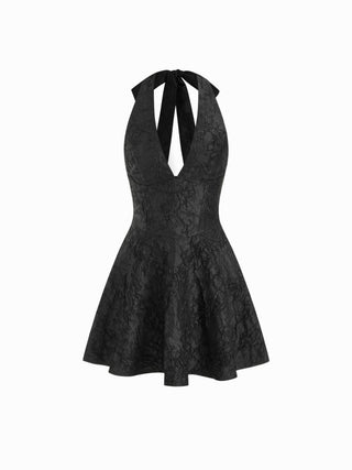 Jacquard Sculptural Halter V-neck Lace Up Backless Ruffle Mini Dress