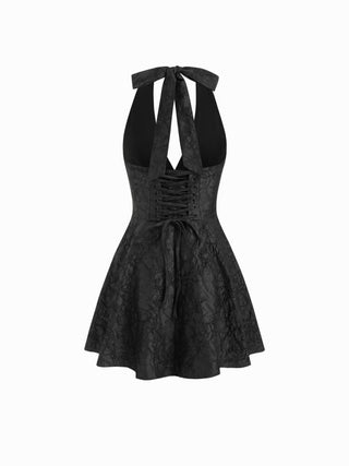 Jacquard Sculptural Halter V-neck Lace Up Backless Ruffle Mini Dress