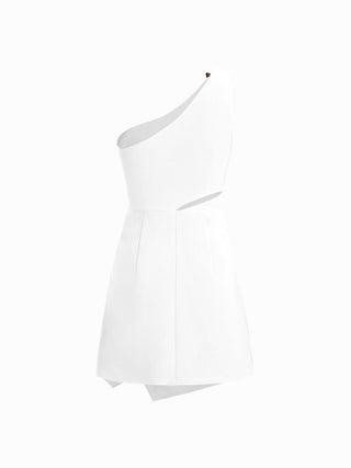 Asymmetrical Neck Metal Detail Cut Out Ruched Mini Dress
