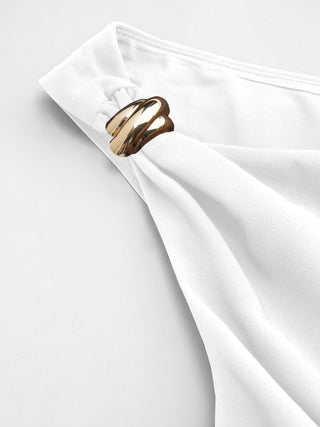 Asymmetrical Neck Metal Detail Cut Out Ruched Mini Dress