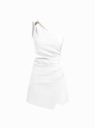 Asymmetrical Neck Metal Detail Cut Out Ruched Mini Dress