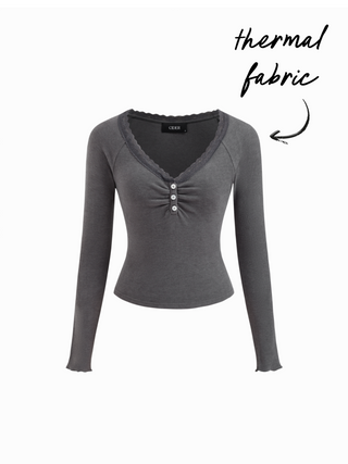 Thermal Cotton-blend V-neck Long Sleeve Lace Trim Ruched Tee