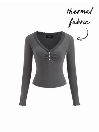 Thermal Cotton-blend V-neck Long Sleeve Lace Trim Ruched Tee
