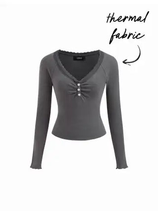 Thermal Cotton-blend V-neck Long Sleeve Lace Trim Ruched Tee