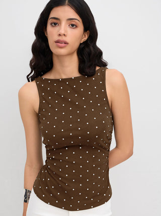 Cotton-blend Boat Neck Knotted Polka Dot Ruched Tank Top
