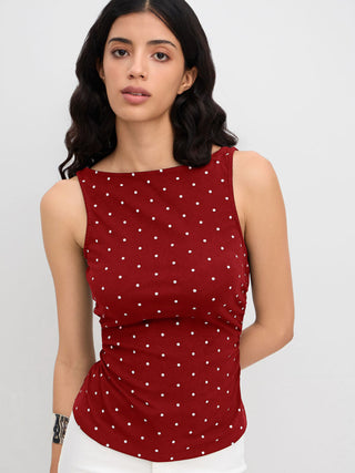 Cotton-blend Boat Neck Knotted Polka Dot Ruched Tank Top