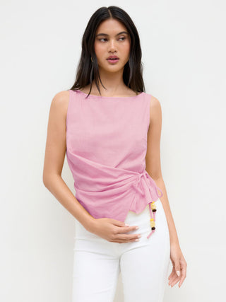 Linen-blend Beaded Knotted Ruched Tank Top