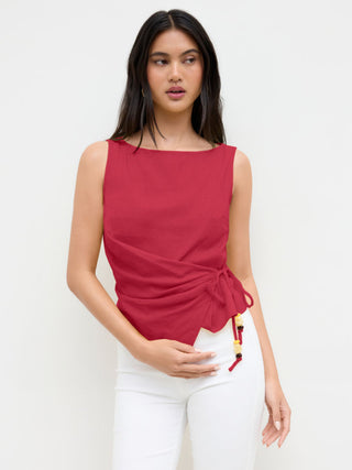 Linen-blend Beaded Knotted Ruched Tank Top