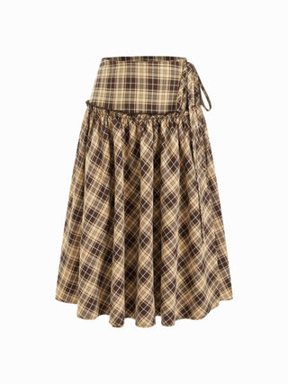 Mid Rise Tartan Lettuce Trim Knotted Midi Skirt