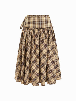 Mid Rise Tartan Lettuce Trim Knotted Midi Skirt
