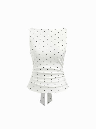 Cotton-blend Boat Neck Knotted Polka Dot Ruched Tank Top