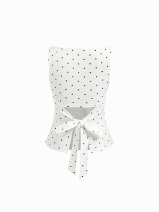 Cotton-blend Boat Neck Knotted Polka Dot Ruched Tank Top