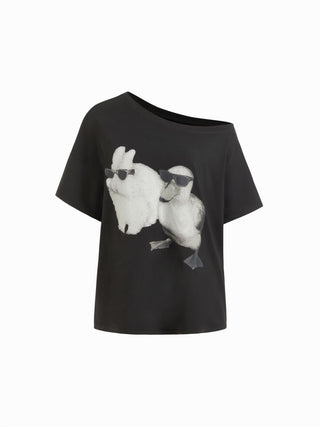 Asymmetrical Neck Rabbit & Duck Graphic Tee