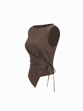 Boat Neck Striped Wrap Knotted Top & Mid Rise Straight Leg Trousers Set