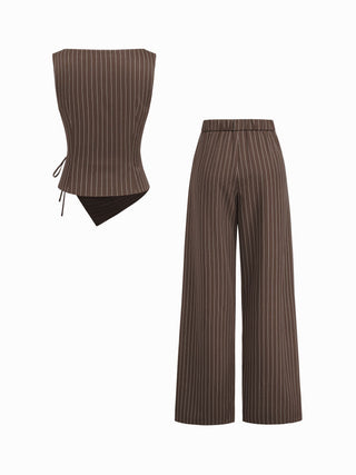 Boat Neck Striped Wrap Knotted Top & Mid Rise Straight Leg Trousers Set