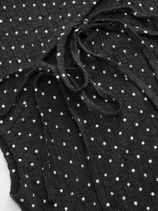 Polka Dot Mandarin Collar Short Sleeve Knotted Ruched Top