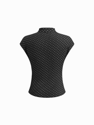 Polka Dot Mandarin Collar Short Sleeve Knotted Ruched Top