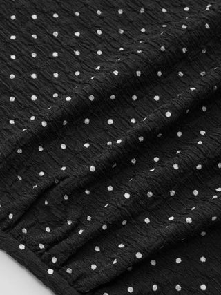 Polka Dot Mandarin Collar Short Sleeve Knotted Ruched Top