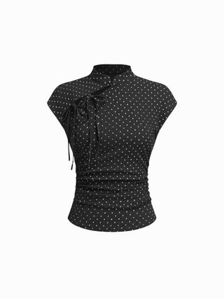 Polka Dot Mandarin Collar Short Sleeve Knotted Ruched Top