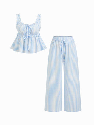 Cotton-blend Stripe Drawstring Ruffle Hem Tank Top & Low Rise Drawstring Trousers Loungewear Set