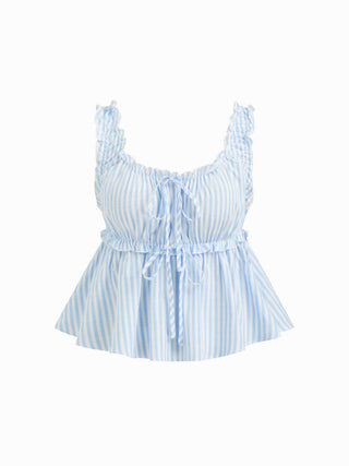 Cotton-blend Stripe Drawstring Ruffle Hem Tank Top & Low Rise Drawstring Trousers Loungewear Set