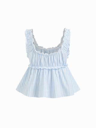 Cotton-blend Stripe Drawstring Ruffle Hem Tank Top & Low Rise Drawstring Trousers Loungewear Set