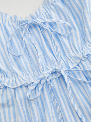 Cotton-blend Stripe Drawstring Ruffle Hem Tank Top & Low Rise Drawstring Trousers Loungewear Set