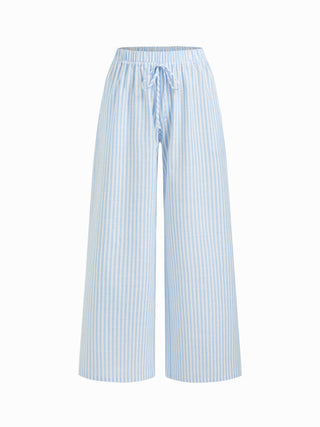Cotton-blend Stripe Drawstring Ruffle Hem Tank Top & Low Rise Drawstring Trousers Loungewear Set