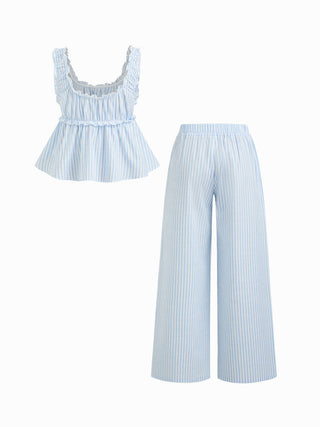 Cotton-blend Stripe Drawstring Ruffle Hem Tank Top & Low Rise Drawstring Trousers Loungewear Set