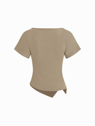Cotton-blend Boat Neck Ruched Asymmetrical Hem Tee