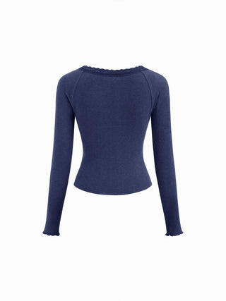Thermal Cotton-blend V-neck Long Sleeve Lace Trim Ruched Tee
