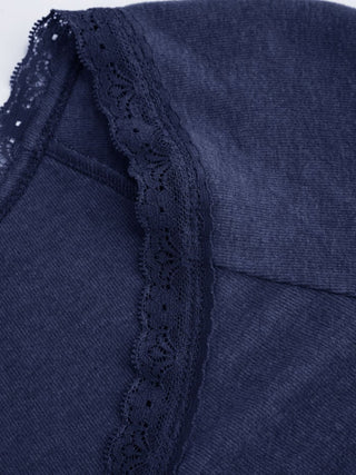 Thermal Cotton-blend V-neck Long Sleeve Lace Trim Ruched Tee