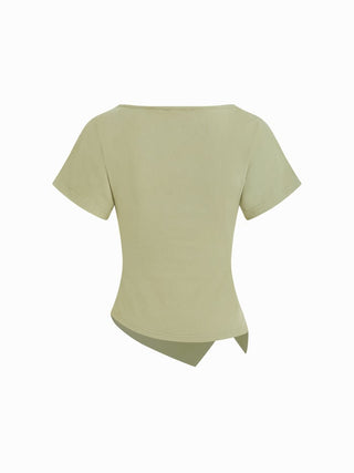 Cotton-blend Boat Neck Ruched Asymmetrical Hem Tee