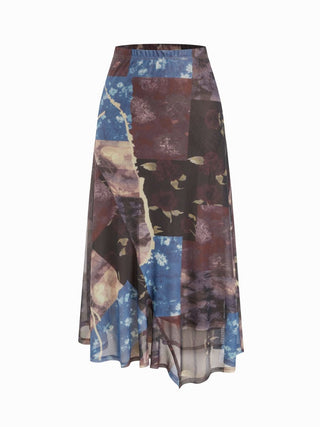 Mesh Mid Rise Abstract Graphic Floral Asymmetrical Hem Maxi Skirt