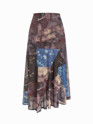 Mesh Mid Rise Abstract Graphic Floral Asymmetrical Hem Maxi Skirt