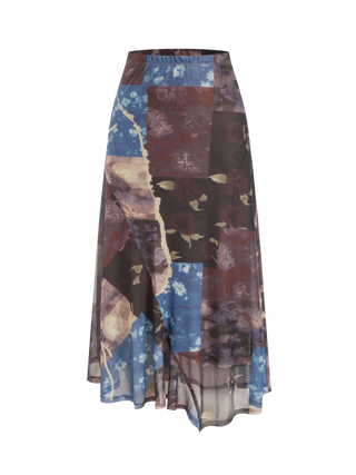 Mesh Mid Rise Abstract Graphic Floral Asymmetrical Hem Maxi Skirt