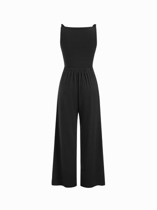 Knit Fabric Boat Neck Ruched Asymmetrical Hem Wide Leg Jumpsuit For Daily Casual Work