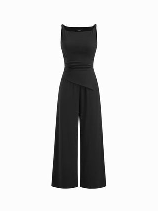 Knit Fabric Boat Neck Ruched Asymmetrical Hem Wide Leg Jumpsuit For Daily Casual Work